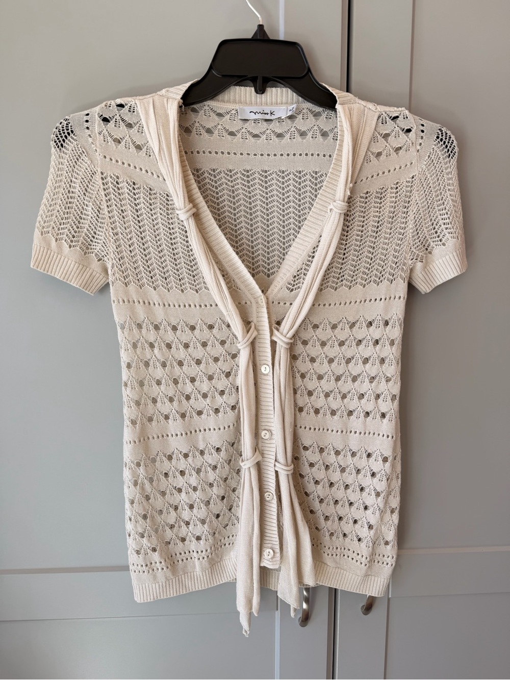 Mink Cream Crochet Open Knit Short Sleeve Tie Front Cardigan Size Small